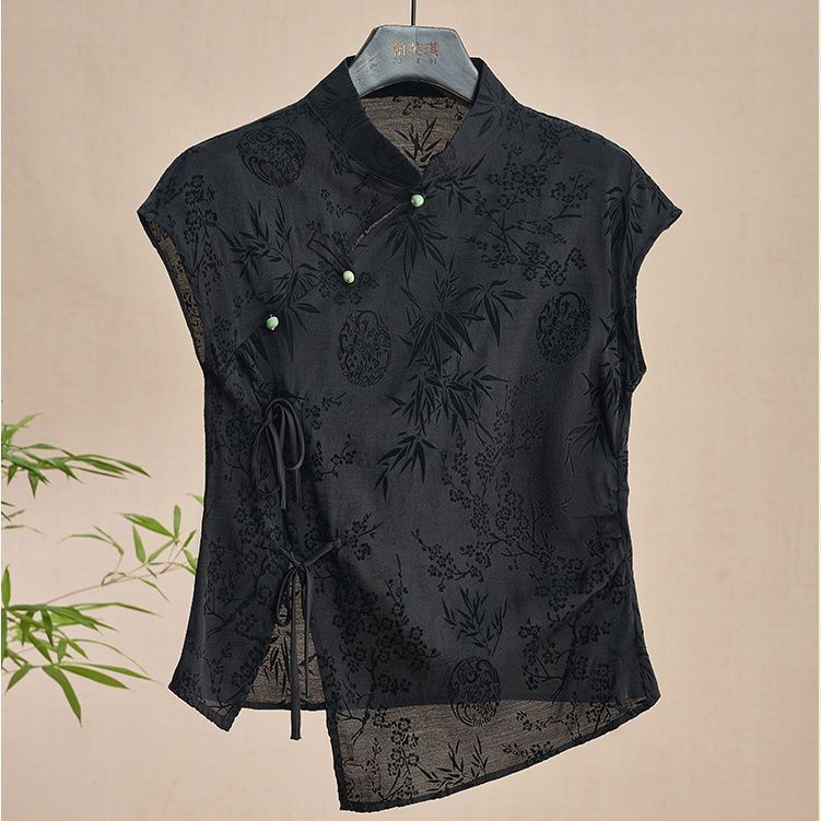 [Hàng mới về] Áo sơ mi sườn xám phong cách dân tộc Trung Quốc retro, jacquard đen, vai áo thun ngắn tay, phù hợp mùa hè