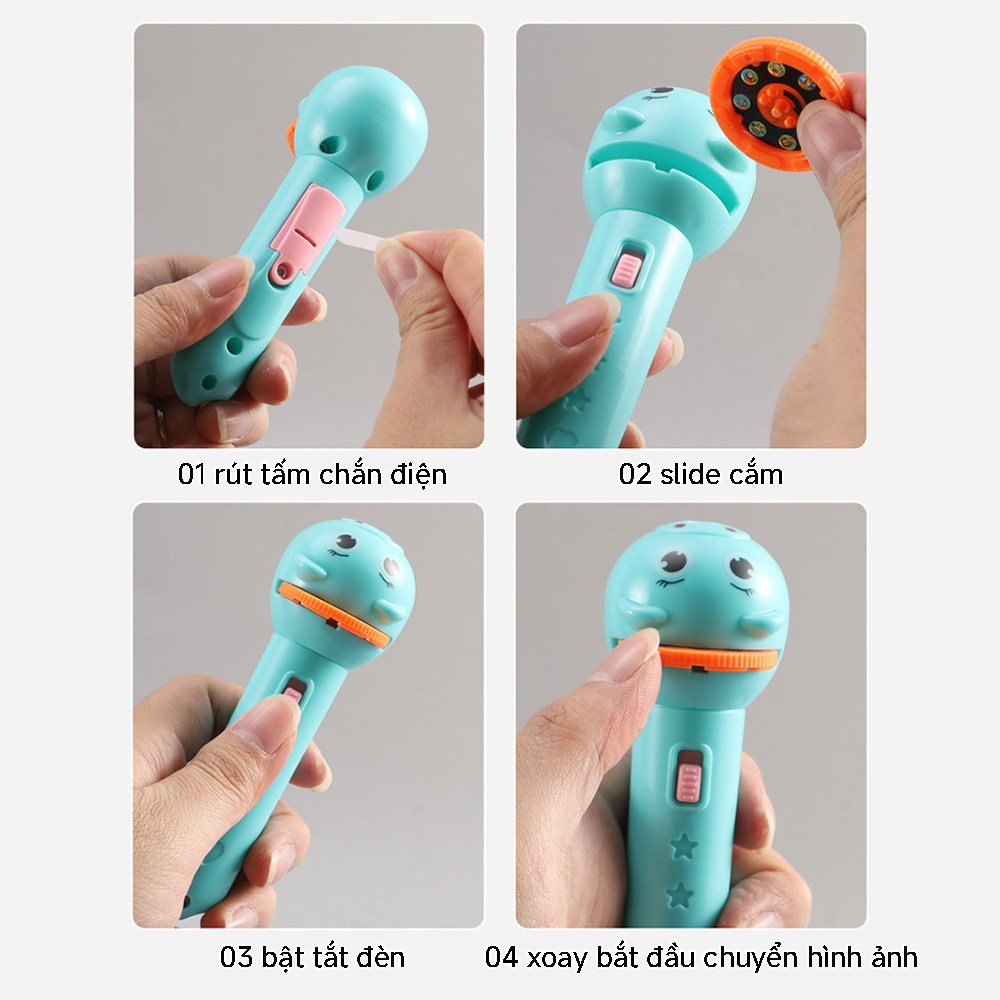 Đồ chơi đèn pin chiếu mini với 5 slide, 40 hình chiếu, chất liệu ABS, dễ sử dụng, giúp học tập sáng tạo.