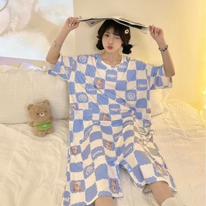 Shop Size Lớn Váy Ngủ Ngắn Tay Hoạt Hình Dễ Thương Kẻ Sọc Ngộ nghĩnh Một Mảnh Loungewear Rời Bộ Đồ Ngủ Thường Ngày Nữ