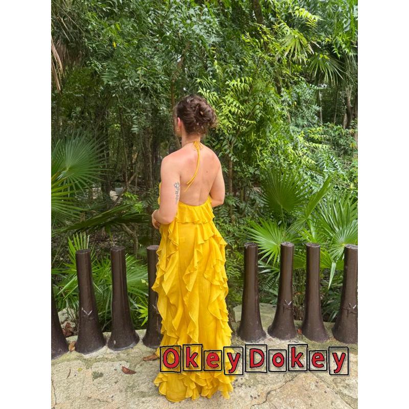 OKDK-Nữ Dây Lưng Không Tay Màu Trơn Xù Đầm Maxi Cho Tiệc Cưới