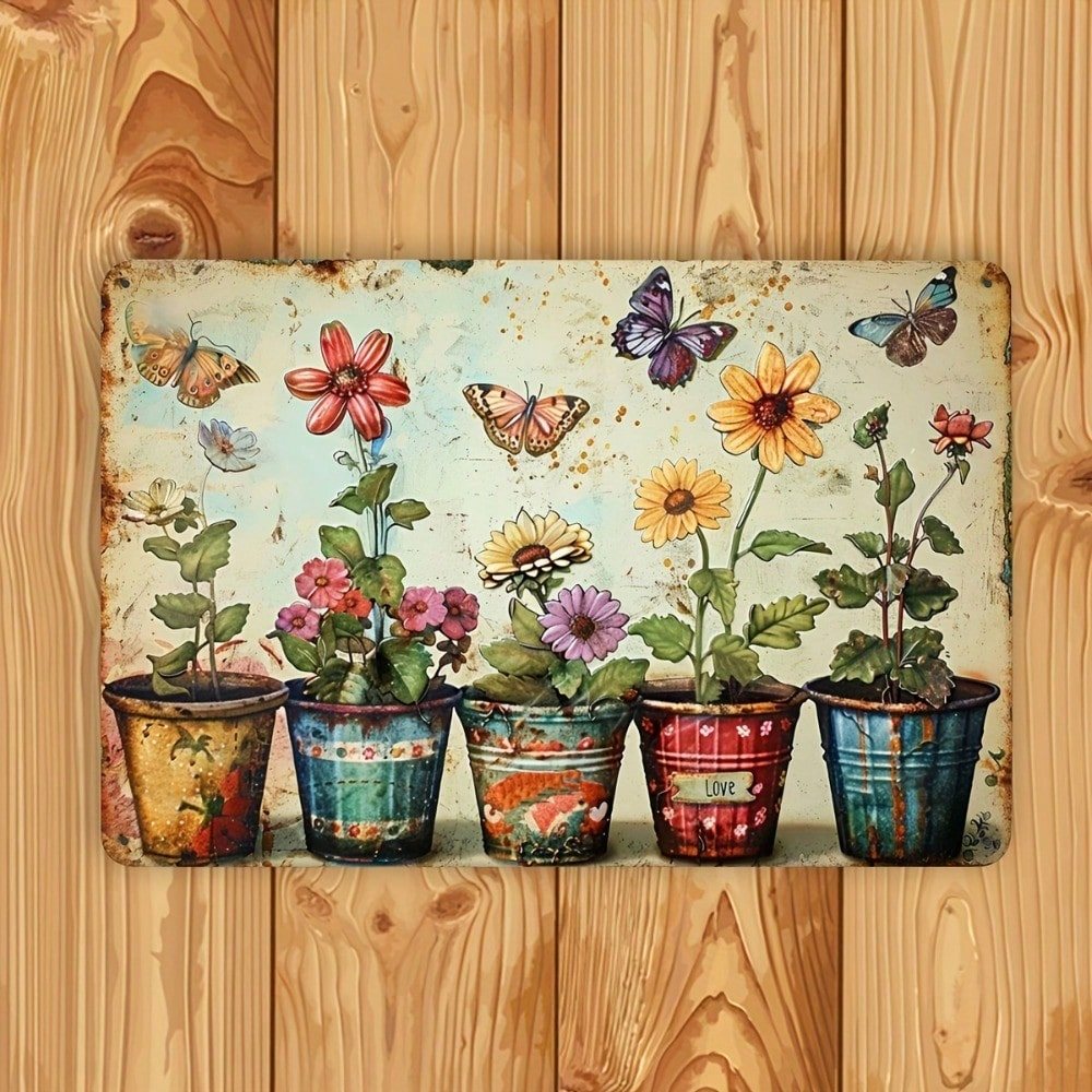CIFbuy Vintage Kim Loại Trang Trí Tường Ký Hiệu Với Chậu Hoa Bướm, Mộc Mạc Sắt Chịu Thời Tiết Trong Nhà Ngoài Trời Treo