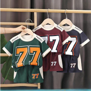 Bộ đồ ngắn tay bé trai Khâu chữ phong cách phương Tây Bộ đồ hai mảnh Quần áo mùa hè trẻ em 90-140 Size Y0DU