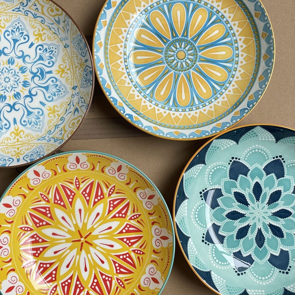 ❤️Bán chạy❤️Bốn Gói 8.15 Inch Bohemian Underglaze Đĩa Màu Súp Sâu Đĩa Cơm Gốm Bộ Đồ Ăn Hộ Gia Đình