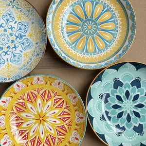 ❤️Bán chạy❤️Bốn Gói 8.15 Inch Bohemian Underglaze Đĩa Màu Súp Sâu Đĩa Cơm Gốm Bộ Đồ Ăn Hộ Gia Đình