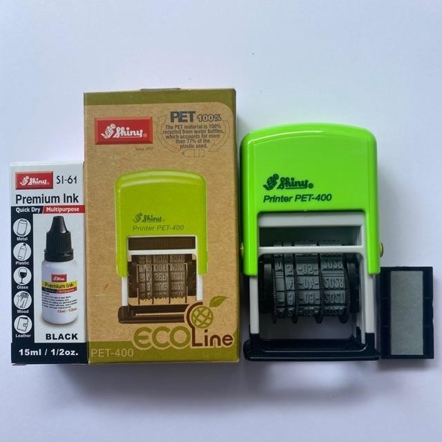 Dấu đóng mộc ngày tháng năm, hạn sử dụng SHINY Pet 400 và hộp mực chuyên dụng đóng lên mọi chất liệu.