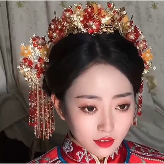 Cao Cấp Vương Miện Phượng Hoàng Glaze Hoa Đỏ - Phụ Kiện Tóc Cưới Retro