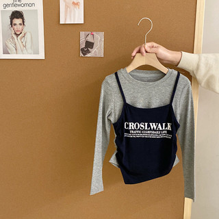 Bé Gái Slim-fit Sling Đáy Áo Sơ Mi Giả Hai Mảnh Dài Tay Áo Thun Trẻ Em Phù Hợp Với Quần Jean Ống Rộng Phù Hợp Với