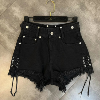 Quần short denim dây rút tua rua nữ Cạp cao 2026 Mùa hè Phong cách tối màu Size lớn