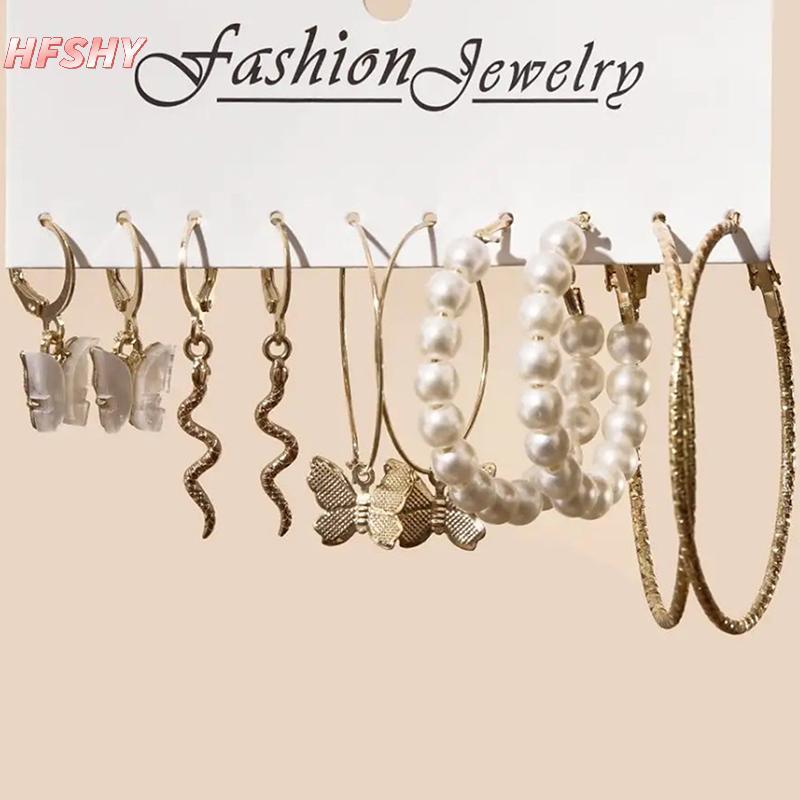 HFSHY 5 Cặp Bông Tai Tròn Màu Bạc với Ngọc Trai Phù Hợp Cho Bé Gái và Người Lớn