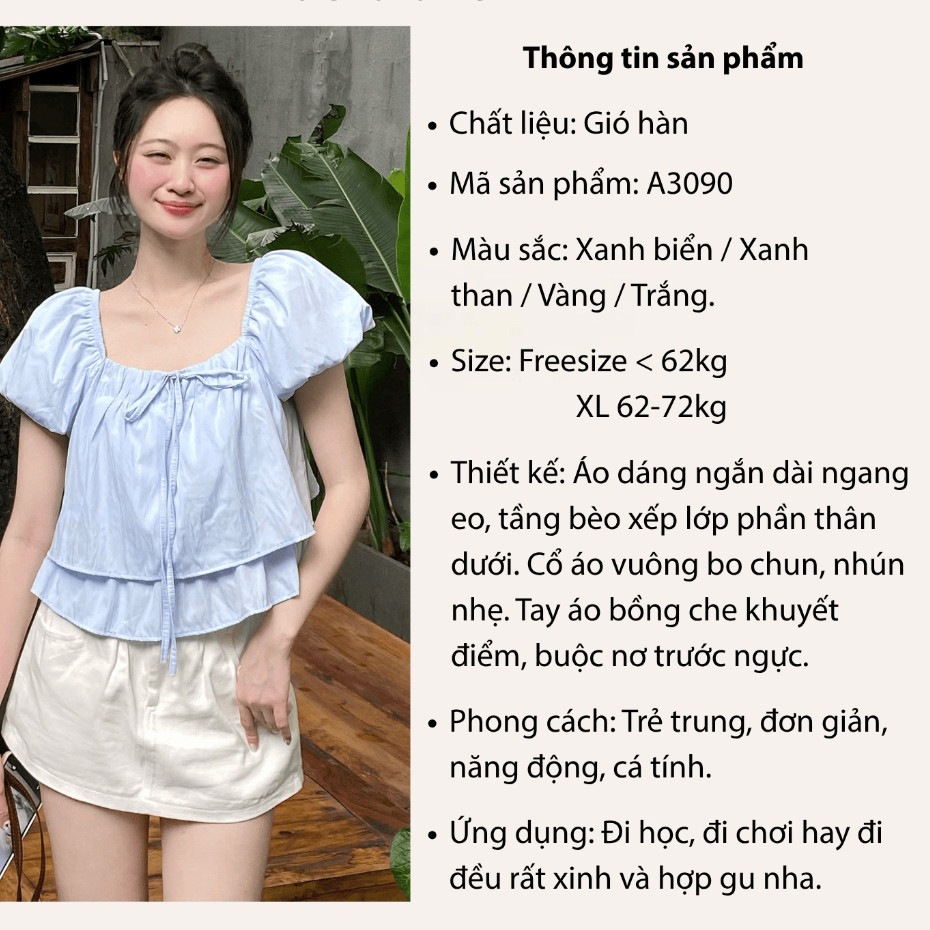 Áo Vai Chun Tay Bồng 2 Tầng Nơ Cổ Dáng Lửng A3090 Bigsize