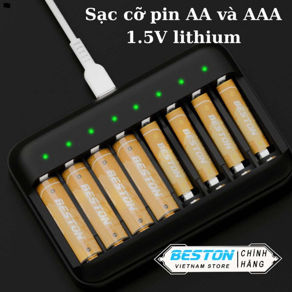 Sạc 8 khe AA/AAA Lithium 1.5V, sạc nhanh, tự ngắt, đèn báo đầy.