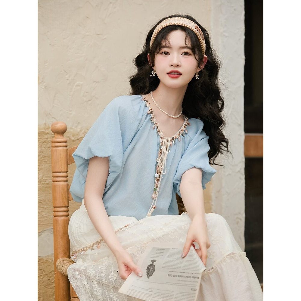 Mutu Pháp Sequins Hơi Trong Suốt Áo Sơ Mi Tay Ngắn Nữ Mùa Hè 2026 Thiết Kế Phong Cách Mới Niche Loose Puff Tay Áo Top
