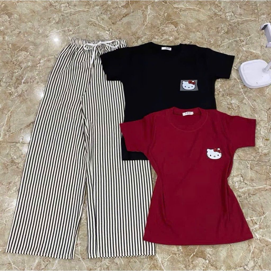 Sét bộ  quần suông đũi xốp kẻ vằn+ phối áo Phông CROPTOP kiti in nguuc tăm ngắn