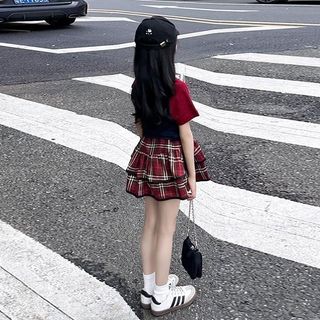 Bộ đồ bé gái áo thun + chân váy xếp ly caro - phong cách học viện dễ thương mùa hè