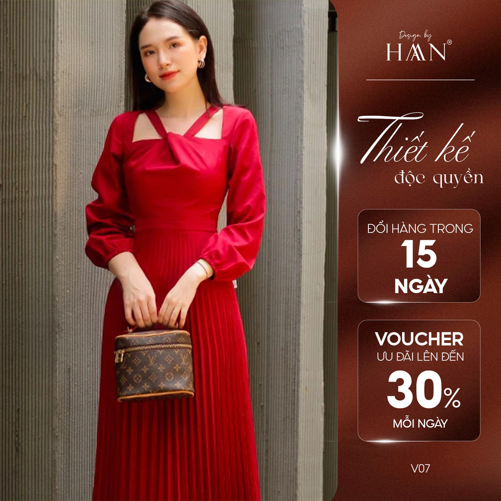 Váy dáng dài HAAN DESIGN thiết kế dây cổ chéo, chân váy xếp ly chất liệu trượt lụa mềm 2 màu ĐEN ĐỎ V07