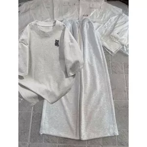 Bộ quần ống rộng da cá xám tiêu dài + phối áo phông form rộng unisex hình con CÚ