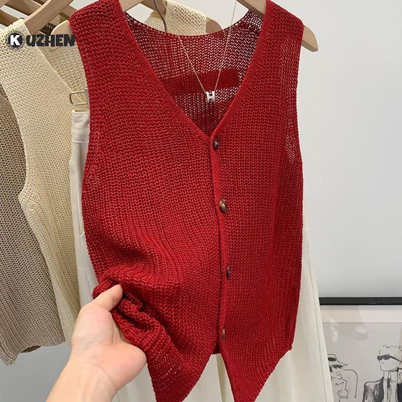 KUZHEN Áo Vest Dáng V Mùa Hè Cho Nữ, Vải Cotton và Lanh, Thiết Kế Trơn Hot