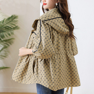 Áo khoác trench coat có mũ trùm đầu thanh lịch, kiểu dáng mới, rộng rãi, ôm eo, in họa tiết thời trang