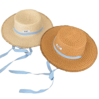 Mũ Cói Nữ Vintage Phối Dây Quai Xanh Caro – Nón Rộng Vành Chống Nắng Phong Cách Hàn Quốc