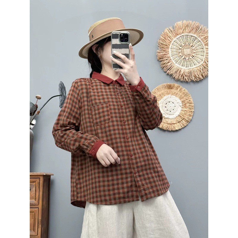 Áo sơ mi nữ mỏng kẻ sọc phong cách retro văn học, cotton, thích hợp mùa thu