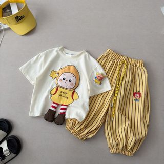 Bộ đồ cho bé - áo thun tay ngắn in hình 3D + quần sọc dáng rộng dễ thương thoáng mát mùa hè