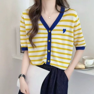 Áo len sọc tay ngắn cổ chữ V phong cách mới, phù hợp mùa hè
