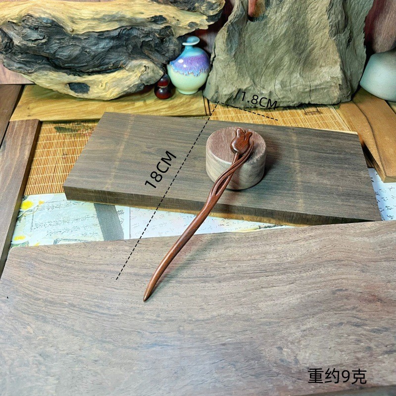 Kẹp tóc hình chữ U cổ lụa vàng gỗ đàn hương - Phụ kiện tóc nữ Hanfu