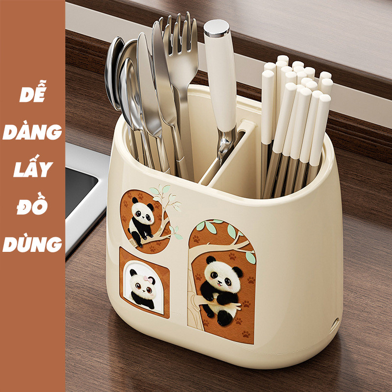 Hộp Đựng Đũa Gấu Trúc Treo Tường Không Cần Khoan, Giá Đựng Dao Kéo Nhà Bếp, Kệ Để Đũa Thoát Nước Gọn Gàng DINO