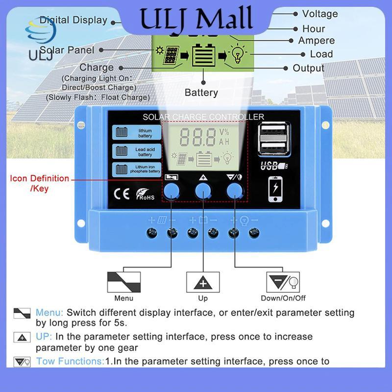 Bộ điều khiển sạc năng lượng mặt trời ULJ 30A 20A 10A 12V Bảng điều khiển năng lượng mặt trời tự động Bộ điều khiển LCD PV cho pin chì, USB kép.