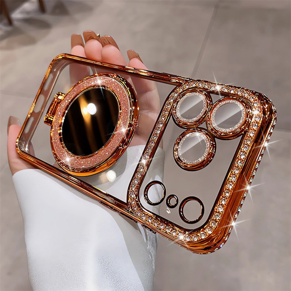 Ốp Điện Thoại Đứng Gương Kim Cương Flash Sang Trọng Cho iPhone 17 Pro Max 16 13 14 15 Pro Max Bao Gồm Bảo Vệ Ống Kính Máy Ảnh Vỏ Mềm Vỏ Điện Thoại Vỏ Bảo Vệ