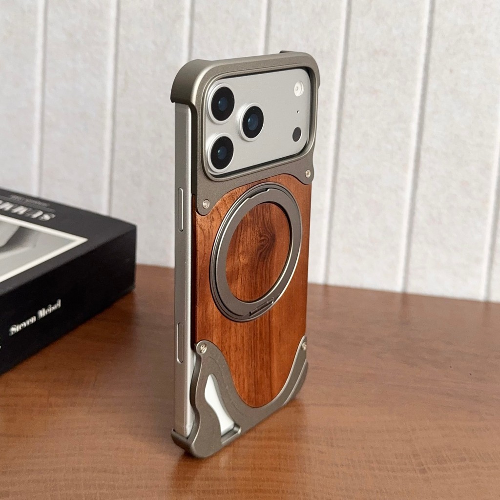 Hợp kim nhôm sang trọng không vành 360°Ốp điện thoại giá đỡ từ tính cho IPhone 14 15 16 17 Pro Max Vỏ kết cấu gỗ óc chó chống sốc