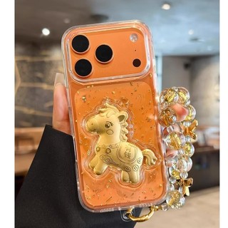 3D Ngựa Vàng Làm Giàu Lấp Lánh Kim Sa Lấp Lánh Trong Suốt Wrsit Dây Xích Ốp Lưng Điện Thoại iPhone 17Promax 17Pro 12 13 14 15 16 Pro Max 11 15Plus Chống Sốc Nam Nữ Vỏ Di Động
