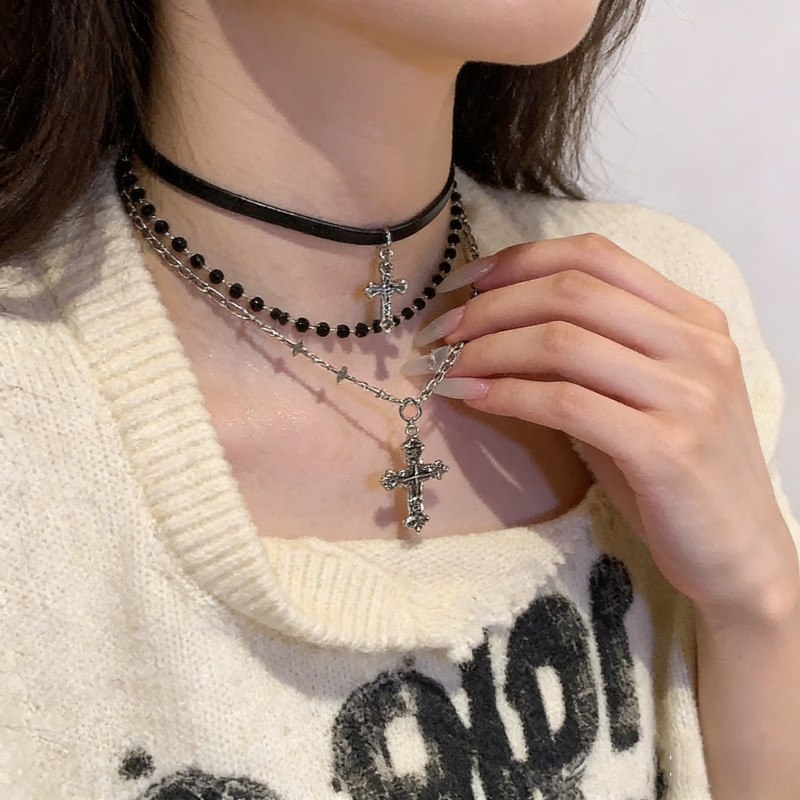 Vòng cổ punk tối giản vintage, thiết kế cổ chữ thập đính hạt