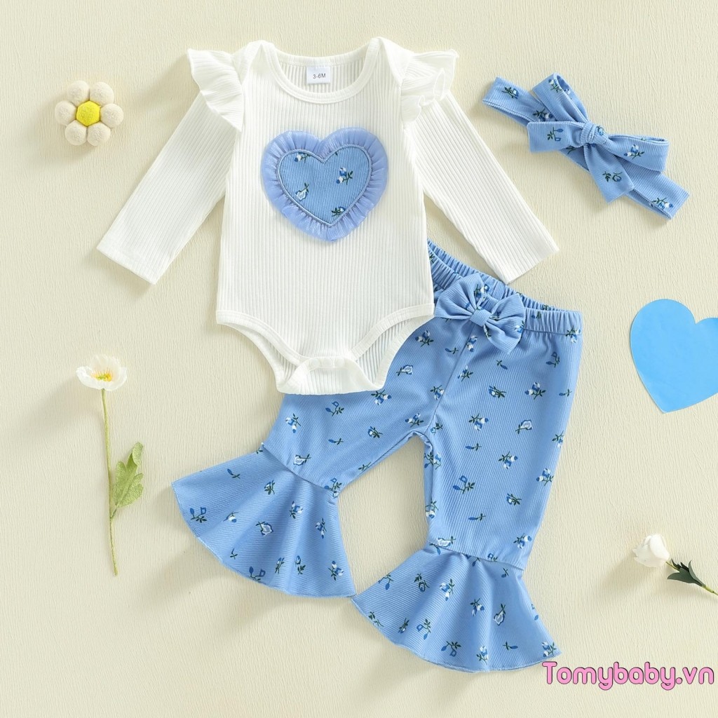Bộ trang phục mùa thu cho bé gái Áo liền quần dài tay hình trái tim + Quần loe họa tiết hoa + Băng đô nơ Bộ 3 chiếc
