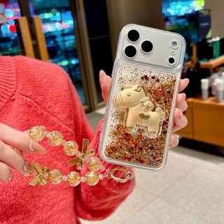 Có Tiền 3D Ngựa Vàng Lấp Lánh Quicksand Sequin Đính Hạt Wrsit Dây Xích Ốp Lưng Điện Thoại iPhone 17Promax 17Pro 12 13 14 15 16 Pro Max 11 15Plus Mềm Nam Nữ Vỏ Di Động