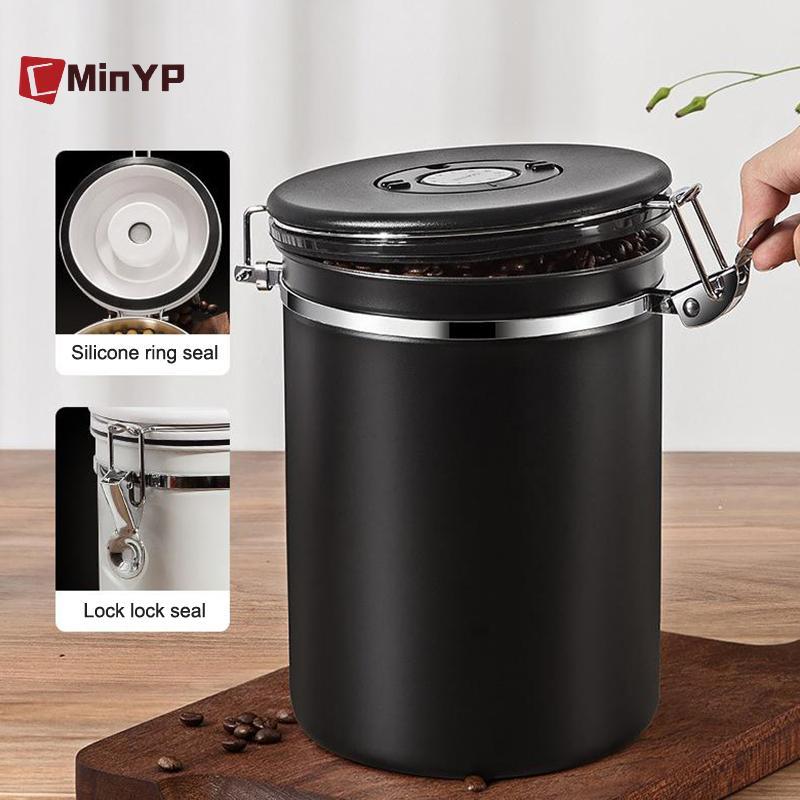 CMinYP 1.2 / 1.5 / 1.8L Hộp đựng hạt cà phê có muỗng kín Hộp đựng cà phê bằng thép không gỉ Bảo quản nhà bếp vinh quang