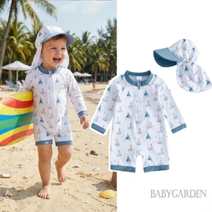 Bộ đồ bơi bé trai 3M-5Y dành cho trẻ em Bộ áo liền quần cổ tròn dài tay in hình thuyền buồm đáng yêu cho bãi biển hồ bơi