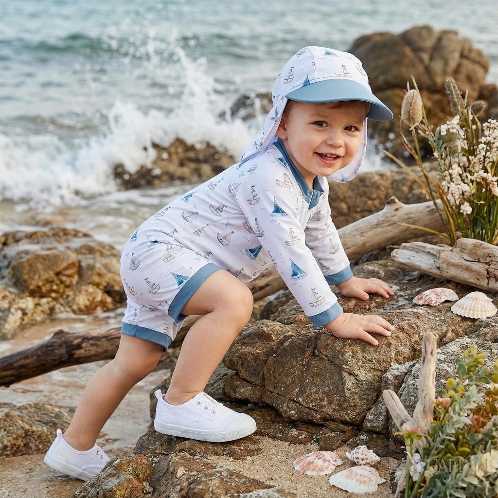 Bộ đồ bơi bé trai 3M-5Y dành cho trẻ em Bộ áo liền quần cổ tròn dài tay in hình thuyền buồm đáng yêu cho bãi biển hồ bơi