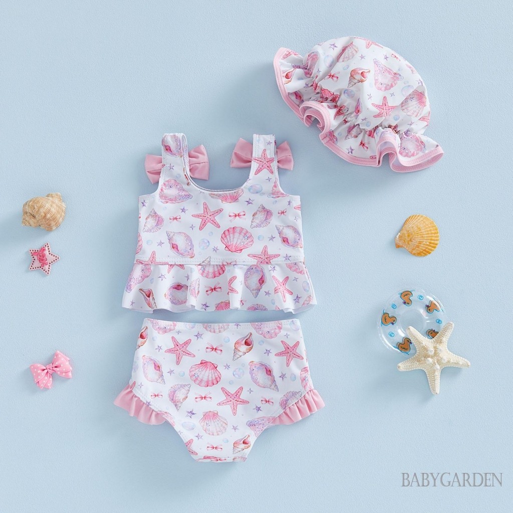 6M-4Y Trẻ Em Bé Gái Hai Mảnh Đồ Bơi Không Tay Tankini Đồ Bơi Có Nắp Bộ Đồ Tắm Mùa Hè