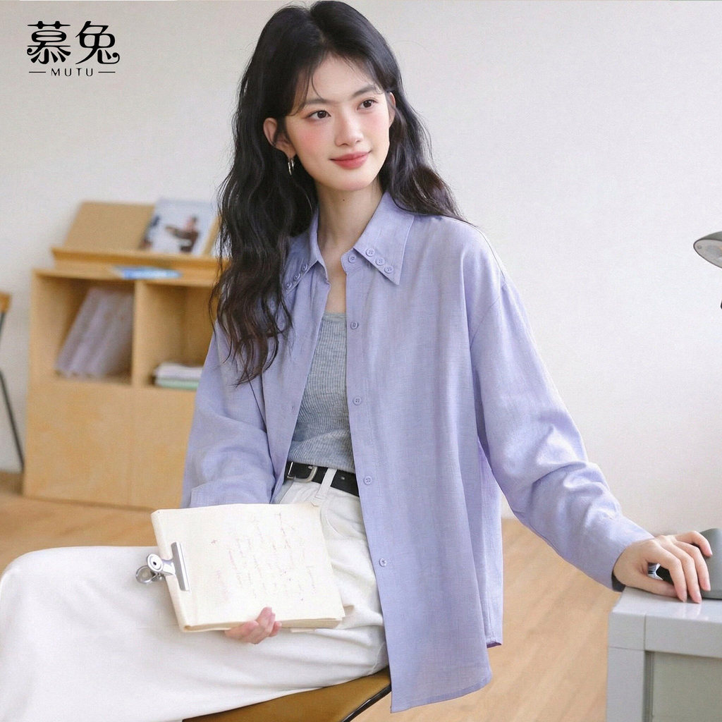 Mutu Phong Cách Hàn Quốc Tím Ve Áo Sơ Mi Nữ Mùa Xuân 2026 Phong Cách Mới Độc Đáo Phong Cách Lười Rời Dài Tay Top