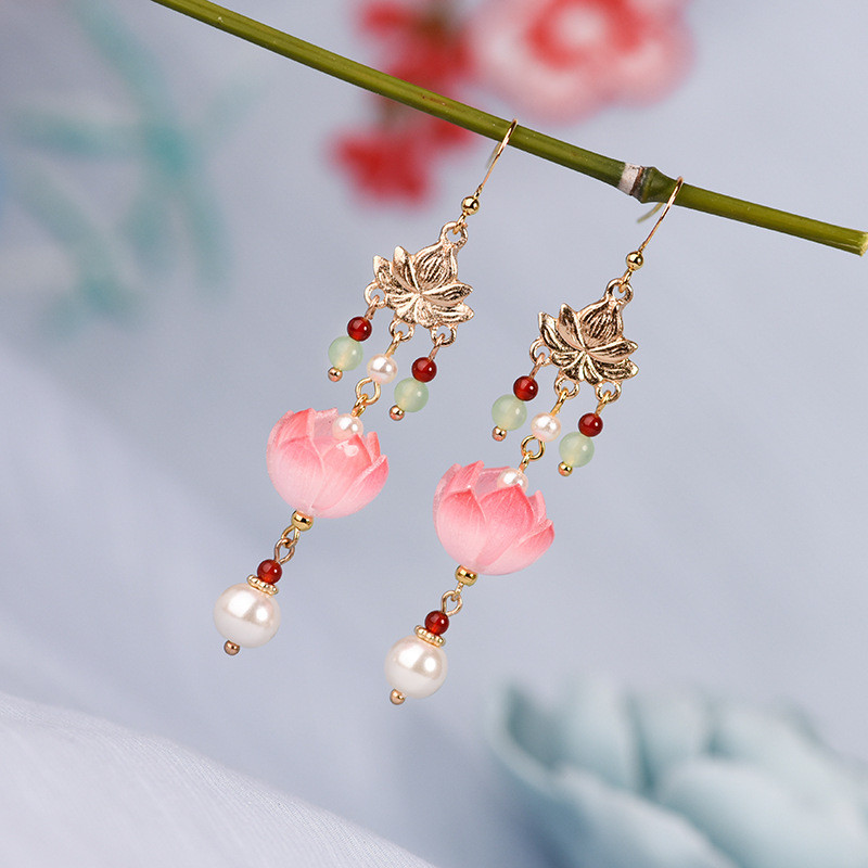 Bông tai tua dài hoa sen cổ điển phong cách Trung Quốc