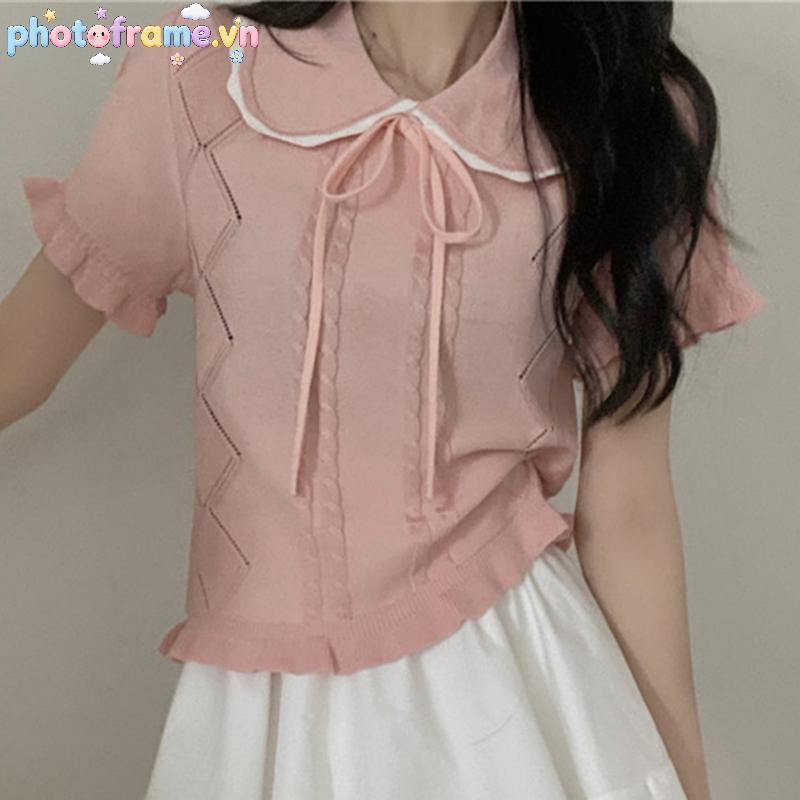 Áo Thun Nữ Mùa Hè Phong Cách Hàn Quốc, Cổ Búp Bê, Tay Ngắn, Nơ Xinh