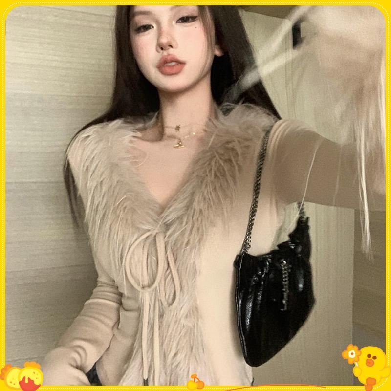Áo Len Cardigan Mỏng Cổ V, Chất Liệu Furry Thời Trang