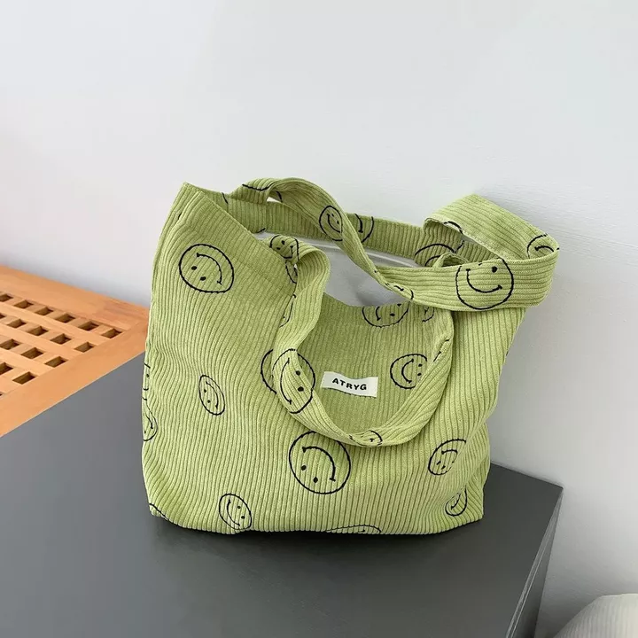 Túi tote vải nhung nụ cười Túi tote vải nhung Túi tote vải nhung Túi đựng đồ ăn trưa Túi đựng sức chứa lớn Túi vải dệt Túi vải Dây kéo Túi thông thường Túi vuôn – 5