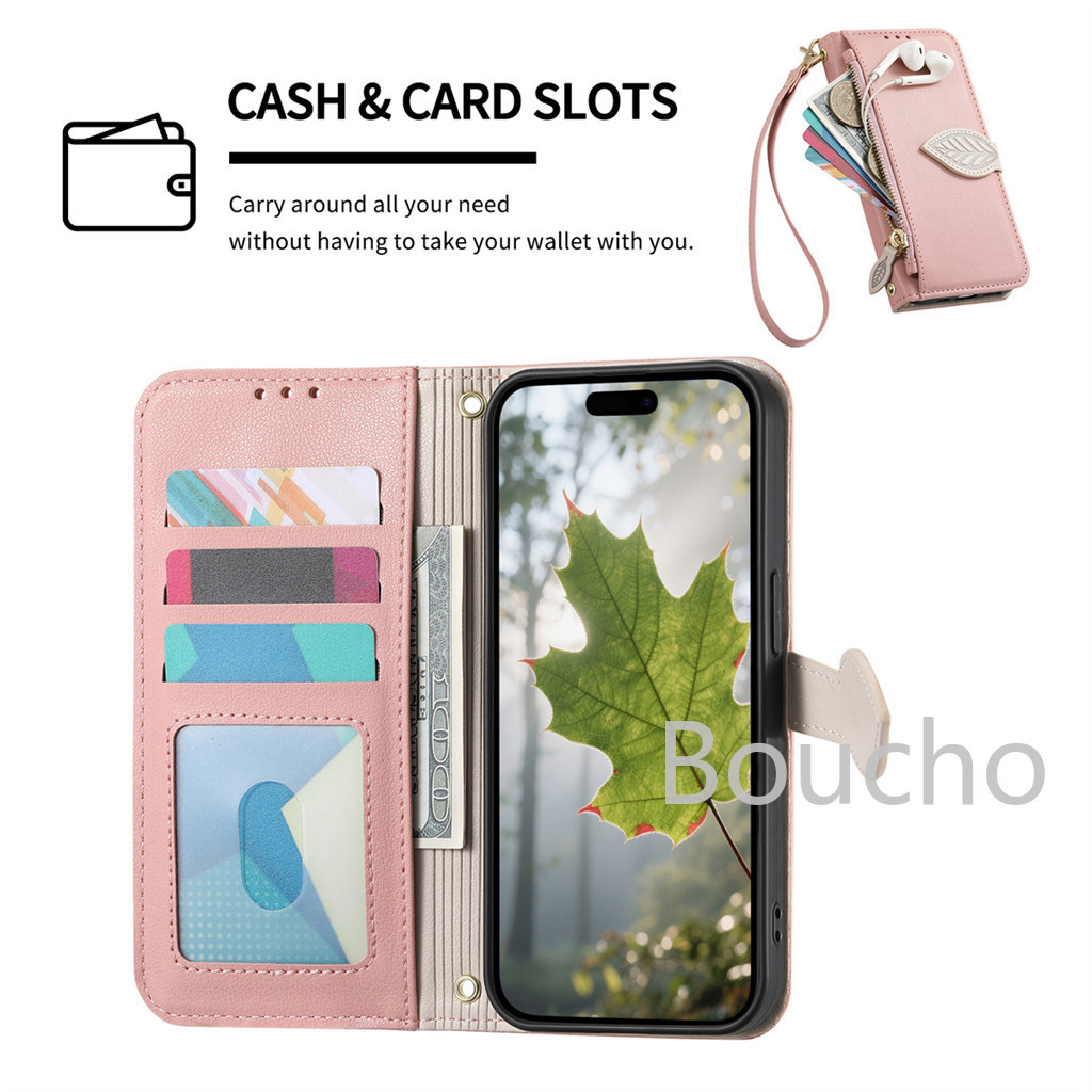 Cho MOTO Edge 70 60 50 Pro Fusion Moto G 5G 2026 5G Ví Điện Thoại Lá Hoa Dây Kéo Thời Trang Cao Cấp Flip Shatterproof Dây Đeo Dài
