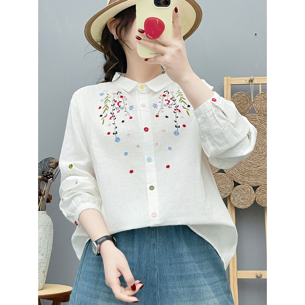 [Hàng có sẵn] Áo sơ mi nữ 100% cotton Mori Art, thiết kế thêu họa tiết hoa nhẹ nhàng, phù hợp làn da