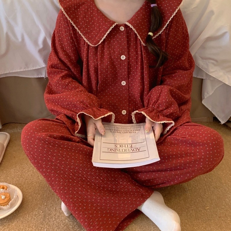 Phong Cách Hàn Quốc Đỏ Nhỏ Hoa Dài Tay Quần Bộ Đồ Ngủ Nữ Xuân Thu Đông Rời Ren Loungewear Phù Hợp Với