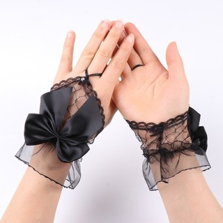 MIKYCO Găng Tay Ngắn Ren Lưới Cho Bé Gái, Phù Hợp Cosplay và Cô Dâu, Thêu Nơ Đen Handmade