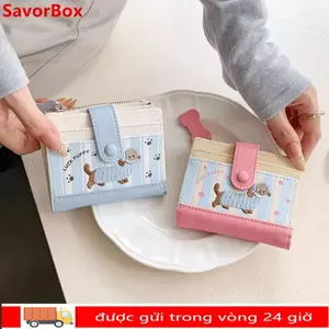 Ví ngắn SAVORBOX, Ví đựng tiền xu có dây kéo màu Dopamine, Ins Dachshund In hình chó hoạt hình Túi đựng thẻ PU dành cho nữ Cô gái