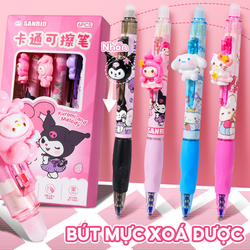 Bút mực xoá được 0.5mm mực xanh, Hộp 6 bút bi gel viết mịn, nhanh khô không lem tiện lợi cho học sinh